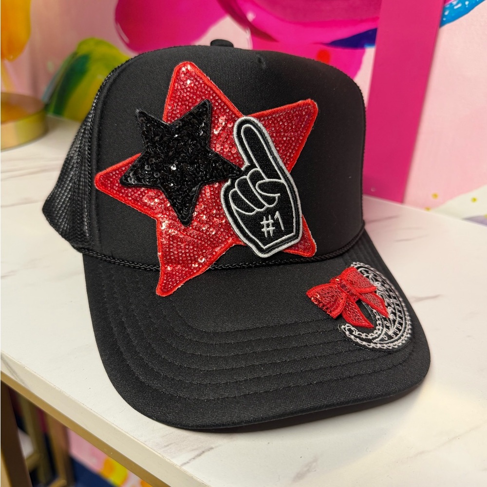 Black Trucker Hat with Red and Black Star Patches